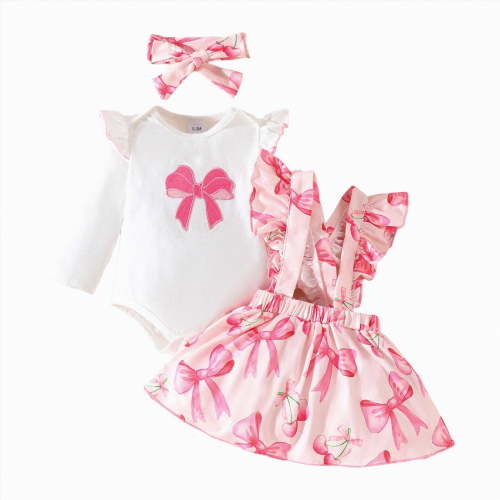 CAICJ98 Baby Girl Winter Clothes Toddler Girl Spring Fall Outfit Long Sleeve Ruffle Romper Suspender Skirt Headband Set Pink,Size 12-18 Months