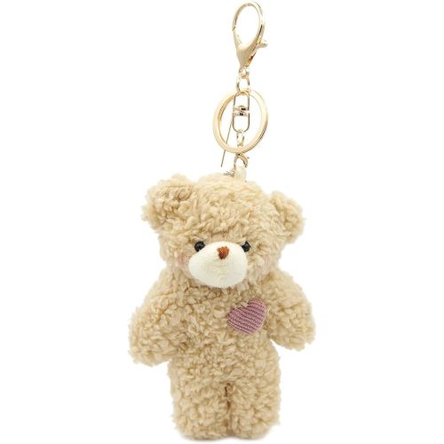 Bear Plush Keychain Toys for Kids with Purple Heart 5" Inch Stuffed Teddy Plushie Backpack Purse Pendant Gift for Girls (B-Brown-Heart)