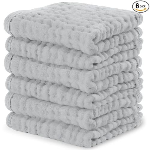 Comfy Cubs Muslin Baby Washcloths 6 Pack - Soft 6-Layer Cotton Wash Cloths for Sensitive Skin - 10"x10" Large, Gentle, Absorbent Infant Essentials for Newborn and Toddlers - Heather Blue