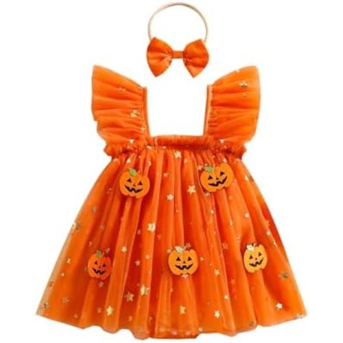 Newborn Baby Girl Halloween Outfit Clothes Sleeveless Pumpkin Romper Dress Mesh Tutu Fairy Ruffle Jumpsuit Costume