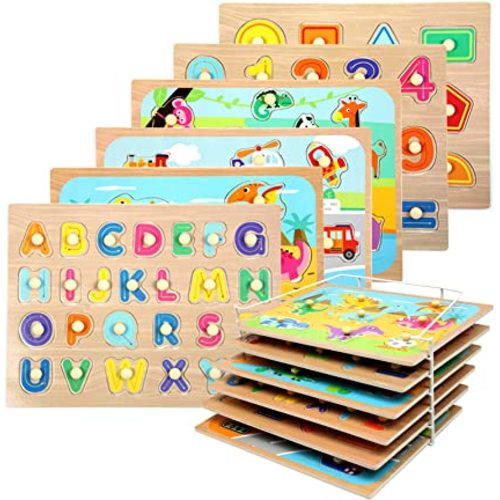 WOOD CITY Toddler Puzzles and Rack Set, Wooden Peg Puzzles Bundle with Storage Holder Rack, Educational Knob Puzzle for Kids Age 2 3 4 Years - Alphabet Number Shape Dinosaur Animal Vehicle