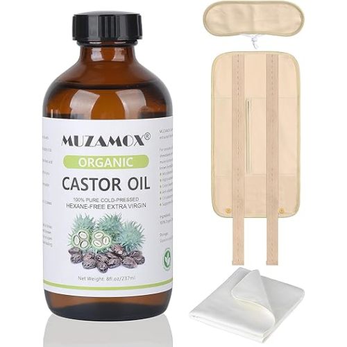 MUZAMOX Castor Oil Pack Wrap & 8fl.oz Glass Bottle Set, Organic Cold-Pressed Unrefined Castor Oil Included
