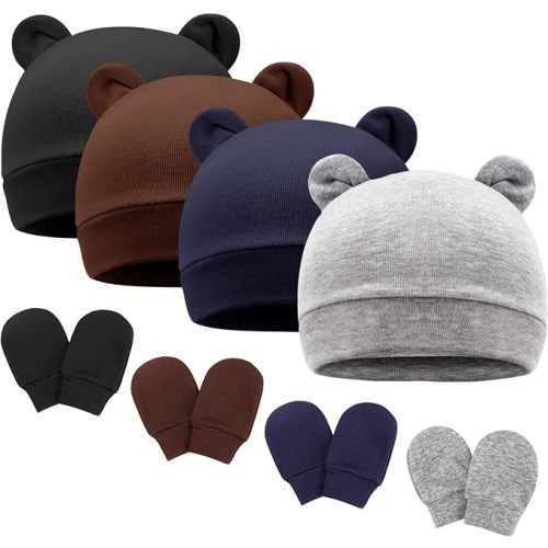 Newborn Baby Hat and Mittens Set Bear Ears Toddler Infant Beanie Caps Newborn Hospital Hat for Baby Boy Girl 0-3 Months (Bear Ear Hats & Mittens CC(0-3 Months))