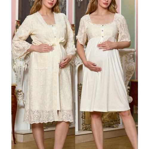 Lace Embroidered Maternity & Nursing Nightgown With Robe Ecru - 131129