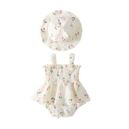 TULIP Smocked Romper with Sun Hat - Hazel & Bo