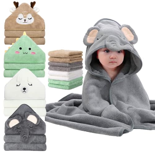 12 PCS Baby Bath Towels Set for Newborn Toddlers, 4 PCS Hooded Baby Towels & 8 PCS Washcloths, Ultra Absorbent Newborn Bath Essentials Gift for Boys & Girls