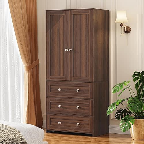 VOWNER Armoire Wardrobe Closet with Drawers and Mirror, 71" Clothing Storage Cabinet with Hanging Rod, 2 Doors Wooden Wardrobe Cabinet for Bedroom, Large Capacity Storage