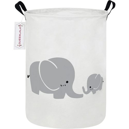 QUEENLALA Foldable Waterproof Round Fabric Laundry Basket Home, Elephant | Large Capacity, For Apparel Textiles, Plush Goods Storage, Whole House Tidying