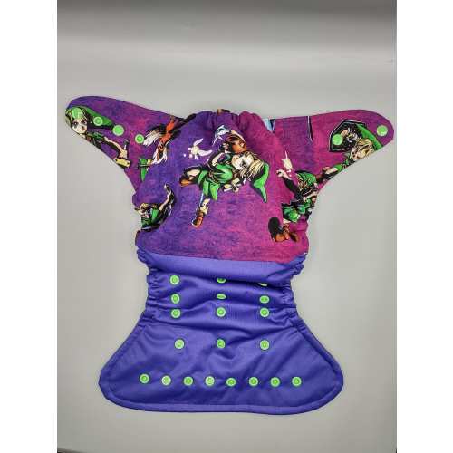 Cloth diaper SassyCloth one size pocket diaper with Zelda purple print. Made to order.