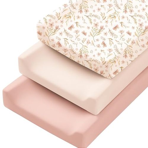 Konssy 3 Pack Stretchy Changing Pad Covers for Girl, Boy, Silky Soft Changing Table Cover, Breathable Baby Nursery Diaper Chang Pad Sheets (Pink Spring)