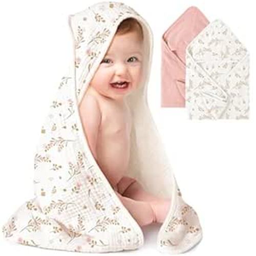 Konssy 2-Pack Muslin Hooded Baby Towels, 100% Cotton, Ultra-Soft & Absorbent Baby Bath Towels with Hood for Newborn & Infant (Pink, Floral,32" x 32")