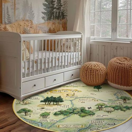 Estmy Washable Vintage Woodland Rug, 3ft Cute Fun Nursery Rugs for Girls Boys Neutral, Soft Stain Resistant Hundred Acre Wood Map Carpet, Cartoon Retro Kids Play Roud Rug Circle Infant Playmat