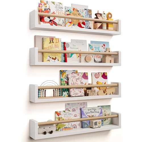Nursery Book Shelves, 4 Pack, Wall Book Shelves for Kids Room, Baby, Toddler, Nursery Decor (White Wood, 23 Inches)
