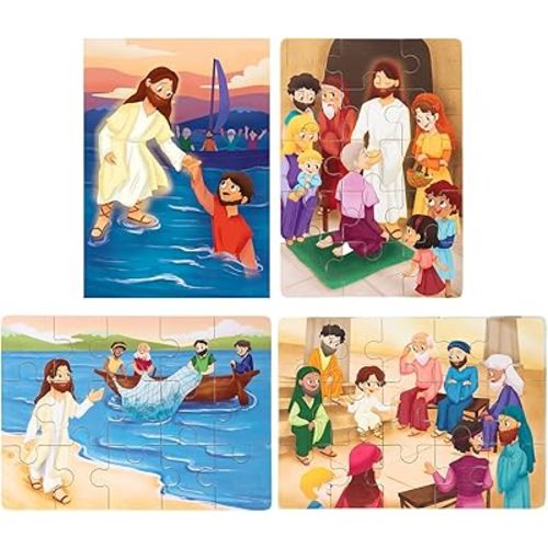 Bible Puzzles for Kids | 4-in-1 Wooden Jigsaw Puzzles in Box (15 pcs Each) | Christian Bible Religious Gifts for 3 4 5 Years | Easter Gifts for Kids (New Testament B)
