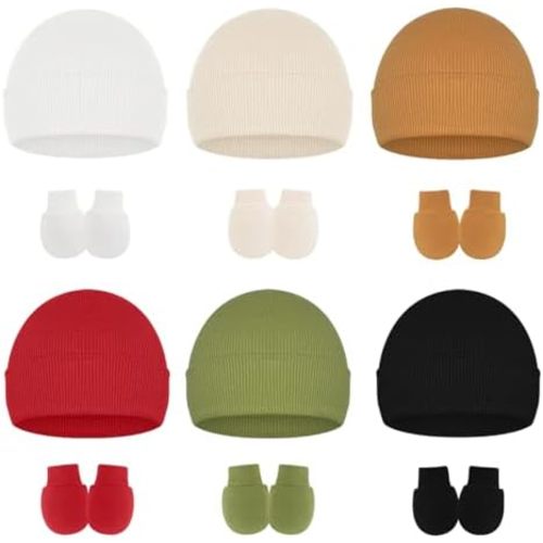 ZURLEFY Stretchy Baby Hats and Mittens, Ribbed Neutral Newborn No Scratch Gloves Beanie Hospital Hat Set for Girls Boys