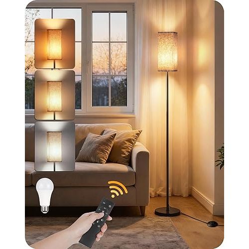 64.2” Dimmable Floor Lamp for Living Room with Remote and Foot Switch, Corner Floor Lamp for Bedroom, Includes 10W A19 Bulb, Modern Standing Tall Lamp, ETL Listed Beige and Black E17LD05