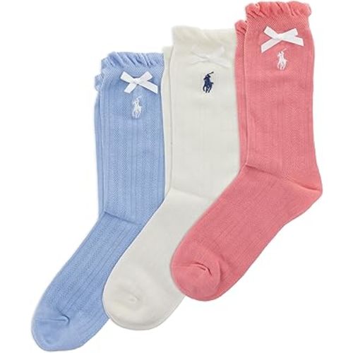 POLO RALPH LAUREN Girls' Ribbon Pointelle Ankle Socks - 3 Pair Pack - Cotton Ruffle Top
