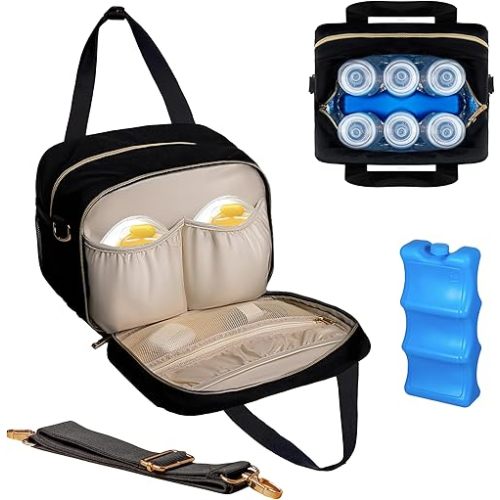 Canero Breastmilk Cooler Bag with Shoulder Strap and Ice Pack Fits 6 Bottles Up to 11oz Compatible with Medela Elvie Momcozy Wearable Breast Pumps Insulated Bottle Storage