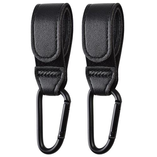 2PCS Stroller Hook Accessories, Multipurpose Stroller Bag Hook, Award Winning Leather Stroller Clip (Black)