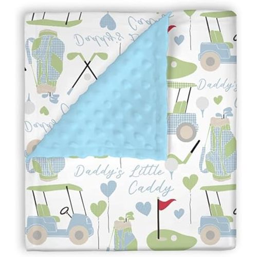 EyMzcod Mink Baby Boys Blankets Blue Gingham Golfing, Cute Golf Daddy's Little Caddy Soft Double Layer Dotted Backing Receiving Swaddle, Newborn Infant Toddler Nursery Crib Bedding Shower Gift 30 x 40