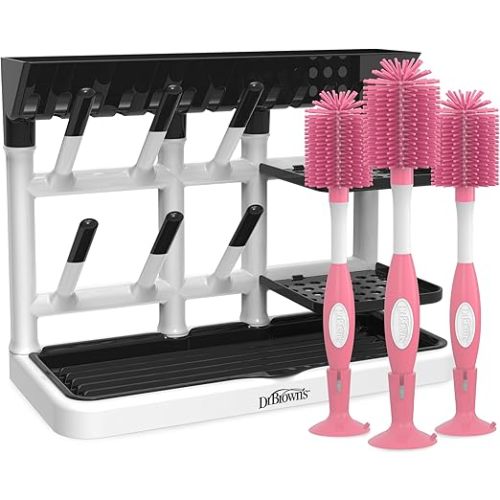 Dr. Brown's Drying Tower, Stand-Up Rack with Soft Touch No Scratch Baby Bottle Cleaning Brush, Pink