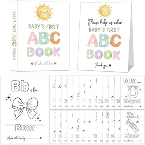 Baby's First ABC Book Baby Shower Activity Keepsake Game, Boho Sun ABC Coloring Baby Shower Guest Book, Sunshine Baby's First Alphabet Coloring Book, A to Z Coloring Pages