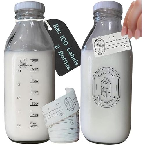 Breast Milk Pitcher with Lid- Set of 2 & Labels-32oz Airtight Leakproof Breastmilk Storage Containers for Fridge- Easy Clean Durable Glass Bottle- Dishwasher Safe Formula Pitcher- Dissolvable Labels