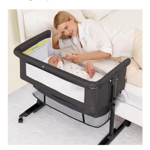 Baby Bassinet, 3 in 1 Bedside Bassinets for Baby, Bassinet Bedside Sleeper with Wheels, Adjustable Height with Rocking Mode, Breathable Mesh, Storage Basket, Easy Assemble & Folding (Dark Gray)