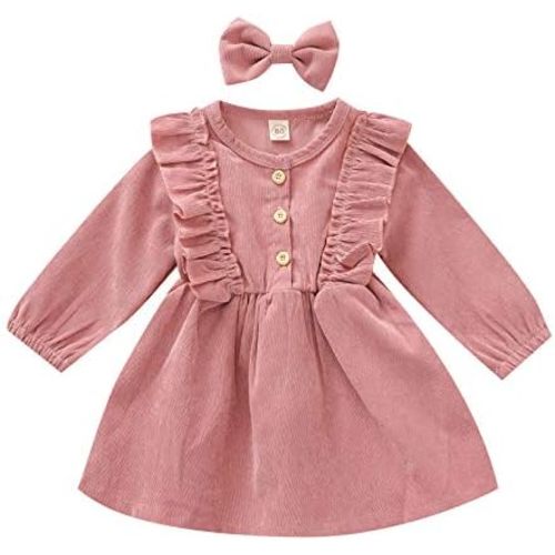 Karuedoo Kids Toddler Baby Girl Corduroy Ruffle Long Sleeve Dress Princess Party Dress Fall Winter Skirt Outfit