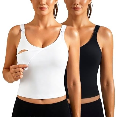 Ecavus Nursing Bras for Breastfeeding Longline Sports Maternity V Neck Buttery Soft Crop Tank Top with Built in Bra