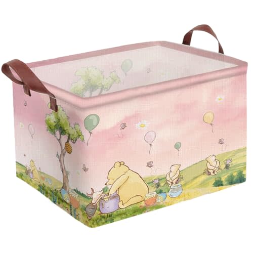 Pink Winnie Foldable Laundry Hamper Circular Canvas Storage Basket | with PE Coating, Collapsible Clothes Organizer for Home, Nursery, and Bedroom