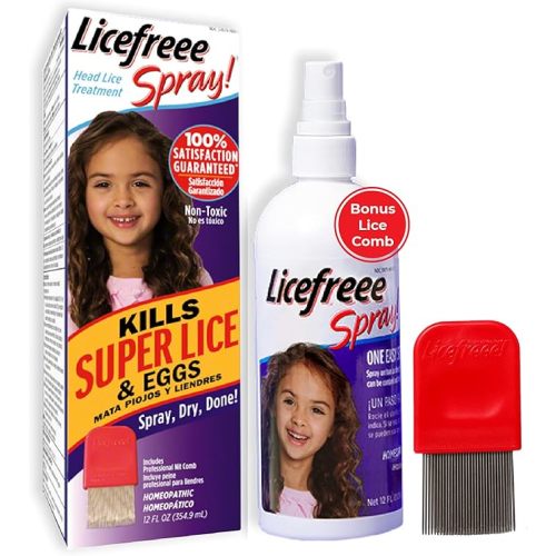 Licefreee Spray Family Size Lice Treatment for Kids & Adults, Easy Use Lice Spray Kills Head Lice, Eggs, Super Lice on Contact, Includes Metal Lice Comb, Multiple Treatments, 12 oz