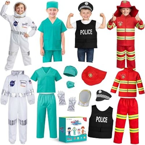4 in 1 Toddler Dress Up Clothes 3-8 Year Career Dress Up Doctor Astronaut Police Vest Fireman Costume Kids Pretend Play Toys Christmas Birthday Gifts 3 4 5 6 7 year old Boy Toys Halloween Costumes