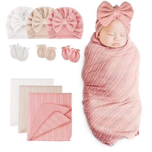 BQUBO Newborn Receiving Blanket Hat Mittens Set for Baby, Unisex Baby Boys Girls Essentials, Newborn Registry Must Haves, Stroller Crib Shower Gifts