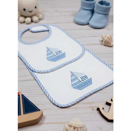 Baby Boy Bib Sailboat | Monogrammed Seersucker Bib | Embroidered 100% Cotton | Baby Shower | New Baby Boy Personalized Gift