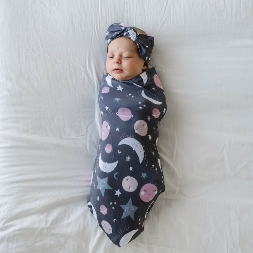 Pink To the Moon & Back Bamboo Viscose Swaddle + Headband Set