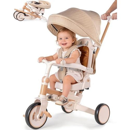 7-in-1 Tricycle for Toddlers 1-3 Years, Foldable Baby Trike Stroller with Steering Push Handle, Gift for Boys Girls 12 Months to 6 Years- Brown