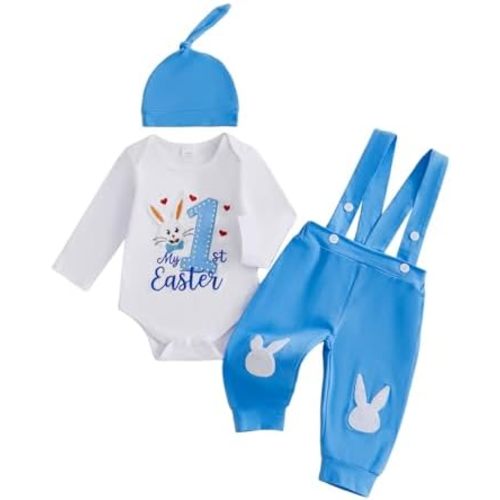 Amnnchya My First Easter Baby Boy Outfit Gentleman Rabbit Romper Shirt Tops Bunny Overalls Pants Newborn Hat 3pcs Set
