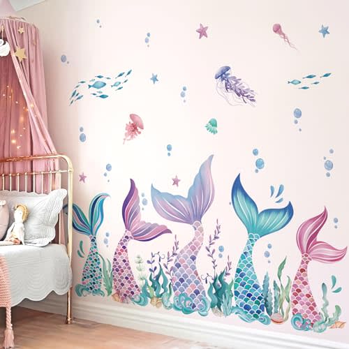 wondever Mermaid Tail Wall Stickers Under The Sea Mermaid Bubble Seaweed Peel and Stick Wall Art Decals for Baby Nursery Girls Bedroom Bathroom
