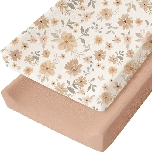 Konssy Muslin Changing Pad Cover for Baby Girls Boys, 100% Cotton Fitted Diaper Chang Table Covers, Soft Breathable Changing Pad Sheets, 2 Pack (Toffee,Flourish)