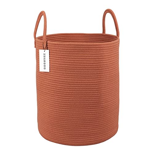 XUANGUO Cotton Rope Laundry Basket Hamper for Clothes Woven Storage Basket for Living Room Bedroom Boho Tall Rope Baskets for Blanket Toys Pillow Towels Baby Nursery Hamper Bin Large rust red