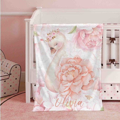 Floral Swan Blanket Personalized Peony Nursery Blanket Little Swan Kids Custom Name Blanket Spring Rose Baby Shower Gift For Girls