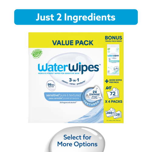 WaterWipes Sensitive Pure & Textured Wipes, 99.9% Water, Unscented & Hypoallergenic, 288 Count + Bonus Pack
