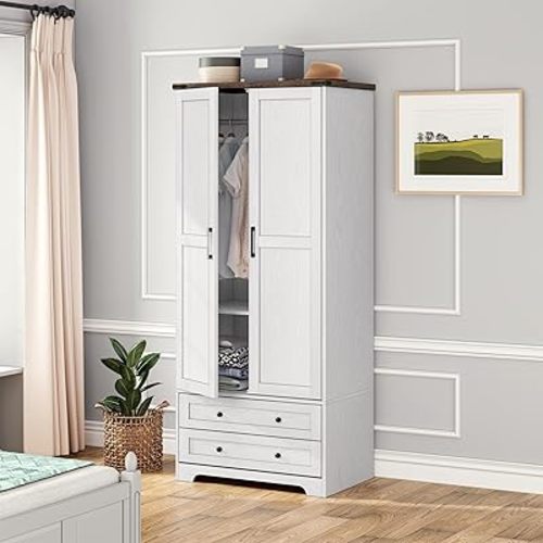 Brafab 2 Doors Wooden Armoire Wardrobe Closet with 2 Drawers, White