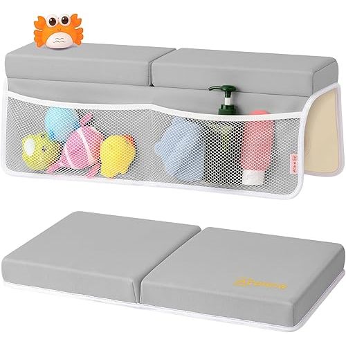 Bath Kneeler and Elbow Rest Pad Set - Comfortable 1.5” Thick Baby Bath Kneeler Pads with Toys Organizer, Non-Slip Knee Arm Support Bathtub Mat, Quick-Drying Kneeling Pad for Baby Bath Time