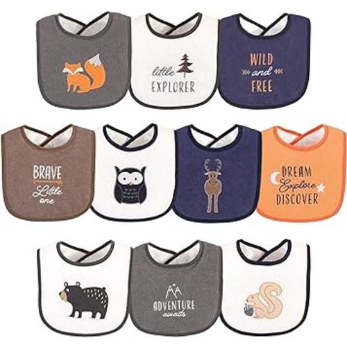 Hudson Baby Unisex Baby Cotton Terry Drooler Bibs with Fiber Filling, Boy Woodland, One Size