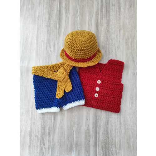 Crochet  Baby Outfit: Straw Hat, West, Shorts with belt, Pirate costume, Baby shower gift, Newborn pictures