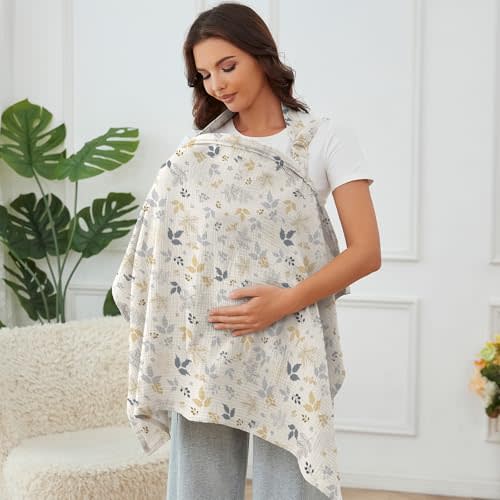 Muslin Nursing Cover for Baby Breastfeeding, Breathable 100% Cotton Breastfeeding Cover with Rigid Hoop for Mother Nursing Apron (Leaf Collection)