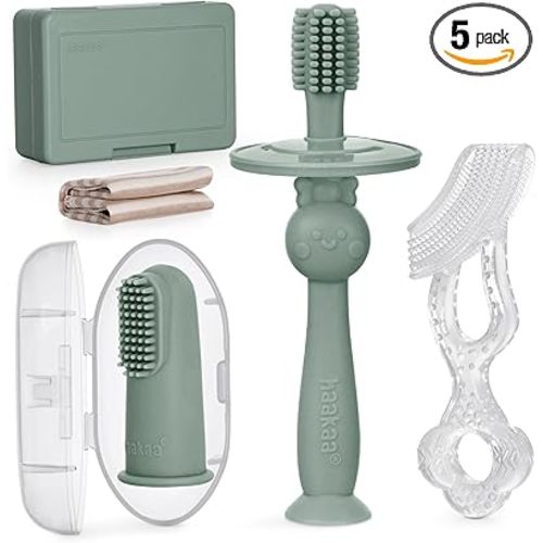 haakaa Training Toothbrush Set Oral Care Kit, Soft Silicone Toothbrush for Baby, Infants, Toddlers & Kids, Pea Green