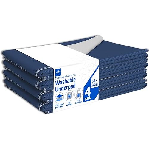 Medline Sofnit 300, Pack of 4 Large Washable Blue Underpads, 34”x 36” for Use as Reusable Pet Pads, Reusable Bed Pads, Great for Dogs, Cats and Bunnies
